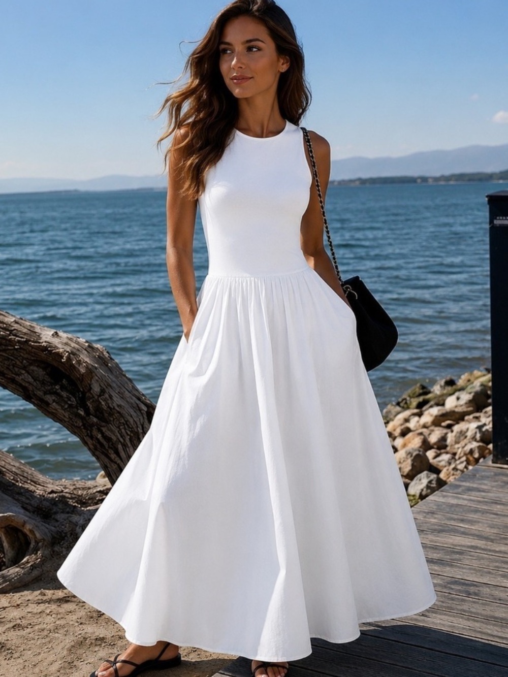 NWOT Commense White Sleeveless Crew Neck Leisure Maxi Dress with Pockets